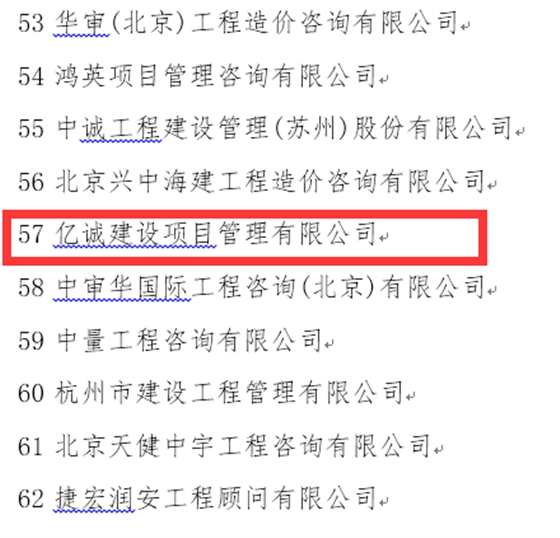 稳健发展，厚积薄发—亿诚公司再次荣登全国造价咨询企业百强榜